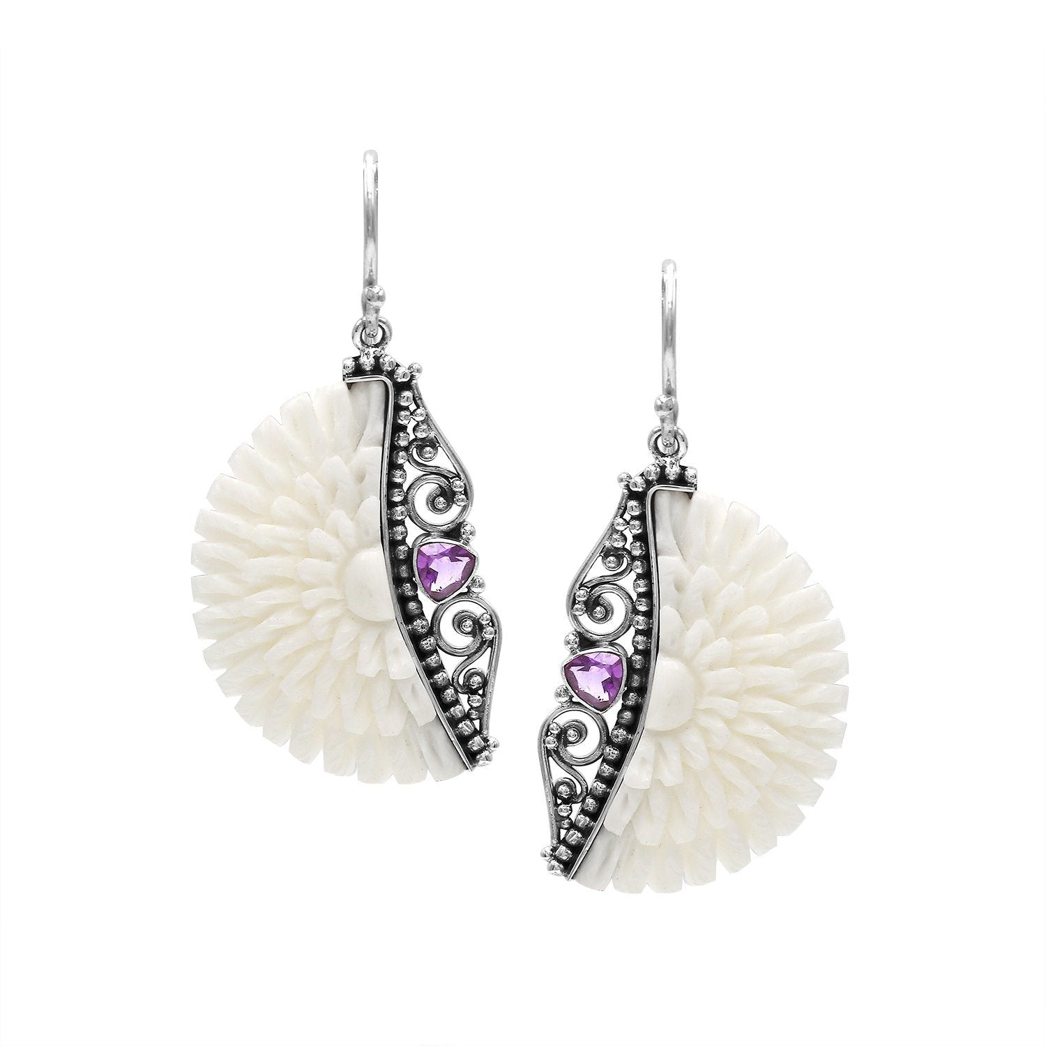 AE-1186-AM Sterling Silver Half Moon Shape Earring With Bone Flower and Amethyst Jewelry Bali Designs Inc 