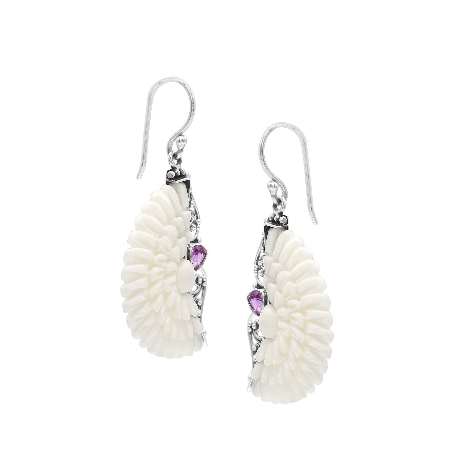 AE-1186-AM Sterling Silver Half Moon Shape Earring With Bone Flower and Amethyst Jewelry Bali Designs Inc 