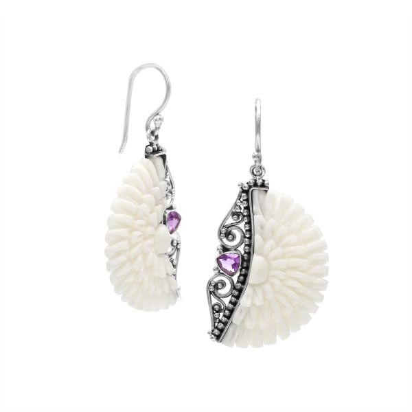 AE-1186-AM Sterling Silver Half Moon Shape Earring With Bone Flower and Amethyst Jewelry Bali Designs Inc 