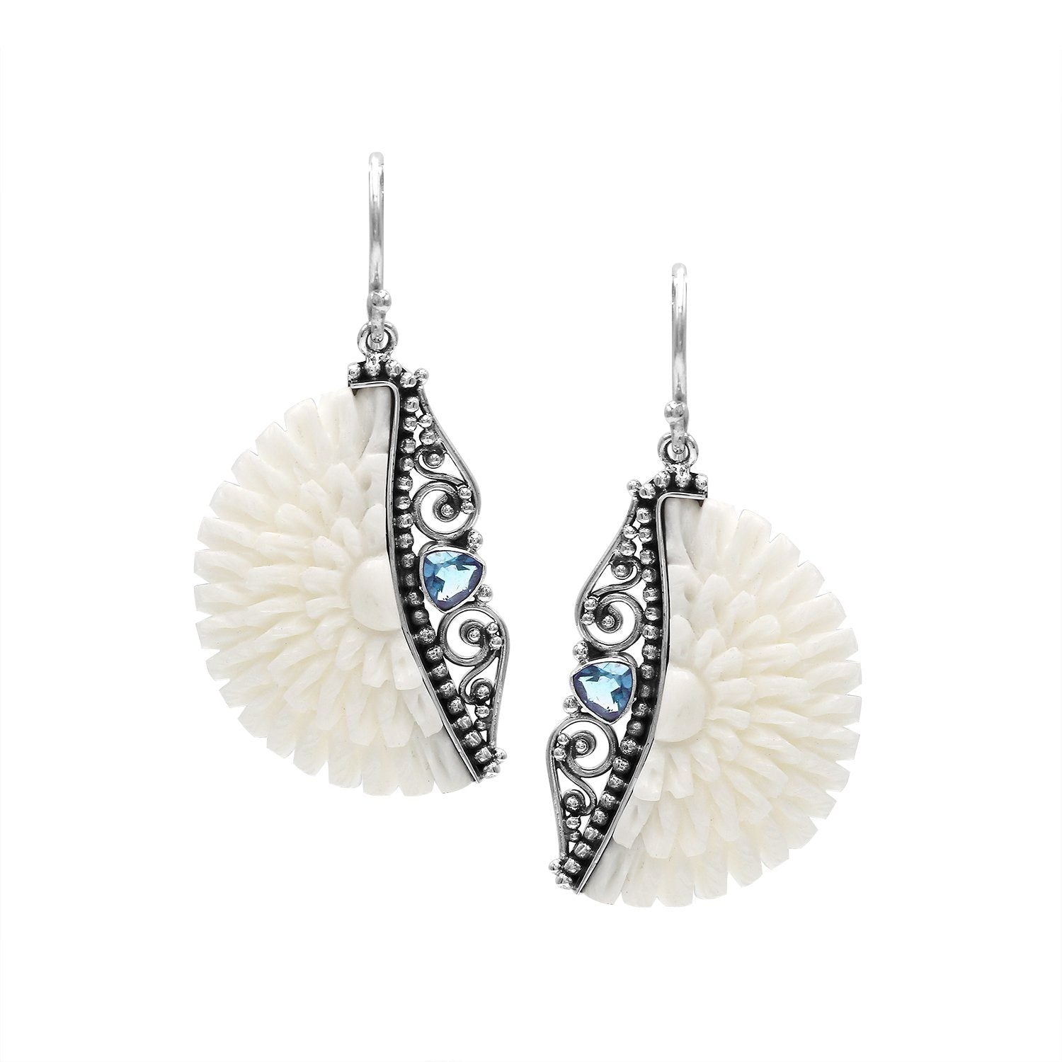 AE-1186-BT Sterling Silver Half Moon Shape Earring With Bone Flower and Blue Topaz Q. Jewelry Bali Designs Inc 
