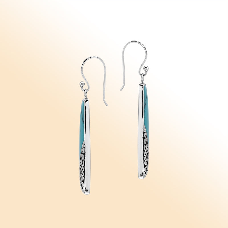 Turquoise Shell Drop Earrings In Silver With Swirl Filigree