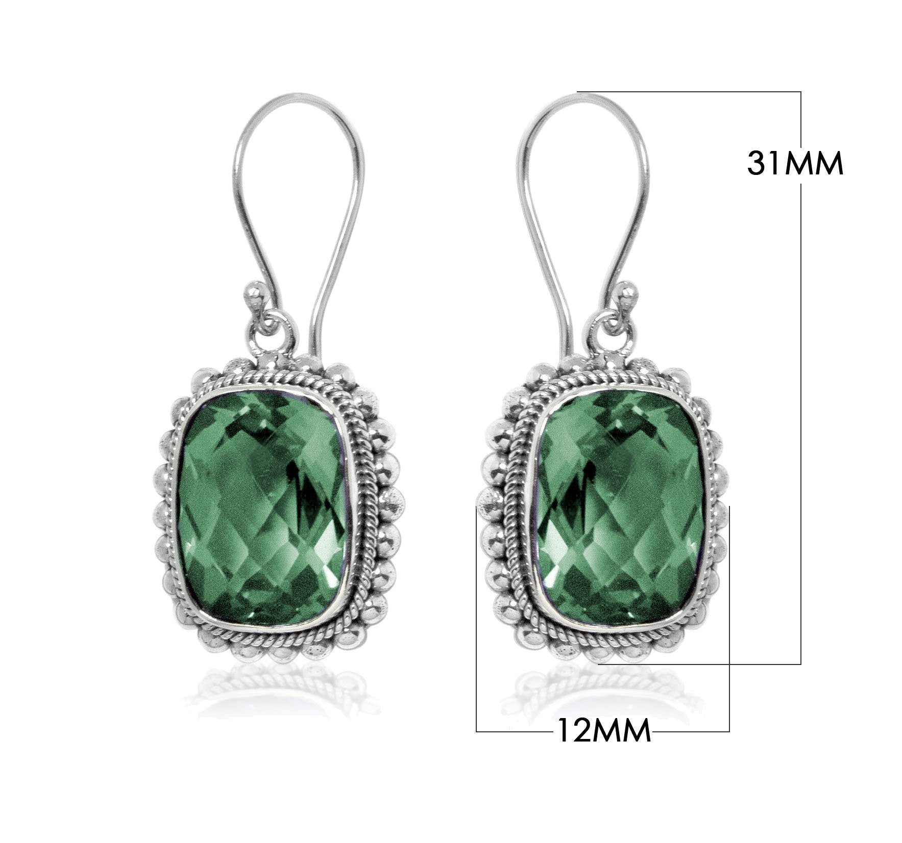 Sterling Silver Green Quartz Cushion Earrings Handcrafted In Bali Indonesia
