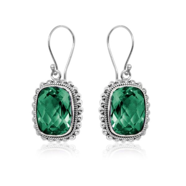 Sterling Silver Green Quartz Cushion Earrings Handcrafted In Bali Indonesia