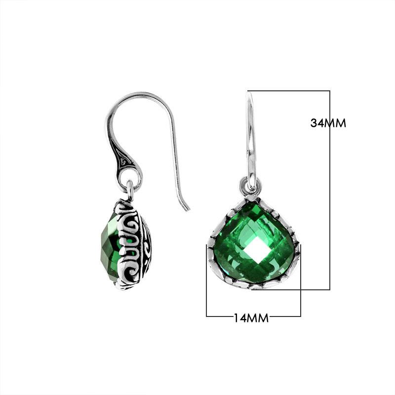 A pair of elegant 925 sterling silver earrings featuring faceted Green Quartz teardrops with Balinese filigree accents and modern earwire hook design.