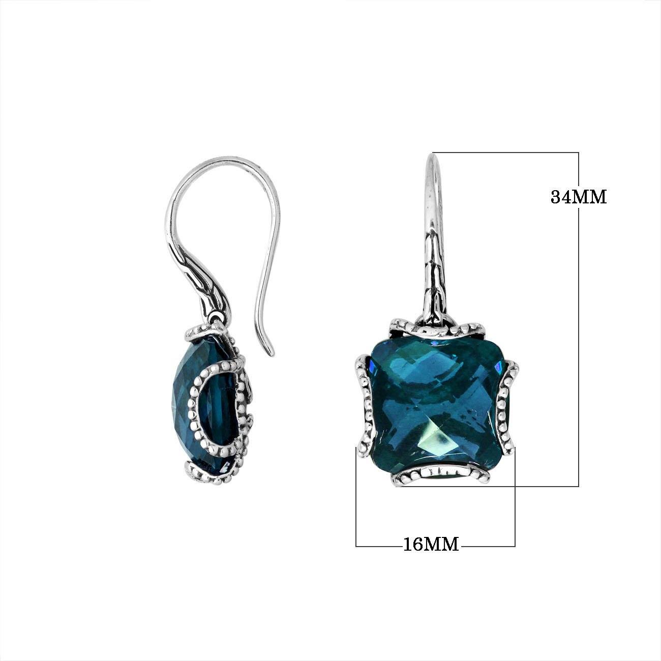 Sterling silver London Blue Topaz Quartz cushion cut earrings with Balinese handicraft design handcrafted in Bali