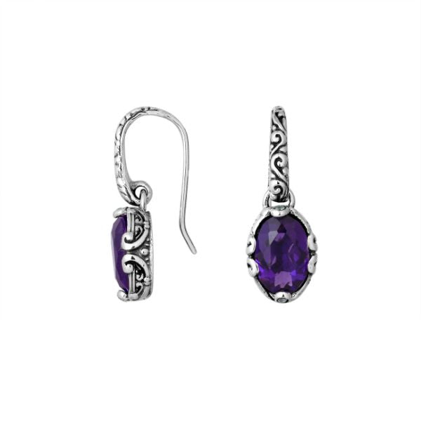 Sterling silver Amethyst Quartz oval shape earrings with Balinese handicraft design handcrafted in Bali