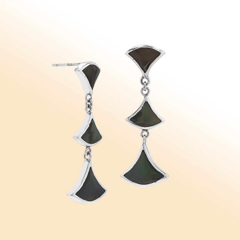 Sterling silver Black Shell drop earrings with three-section fan design and post clip lock.