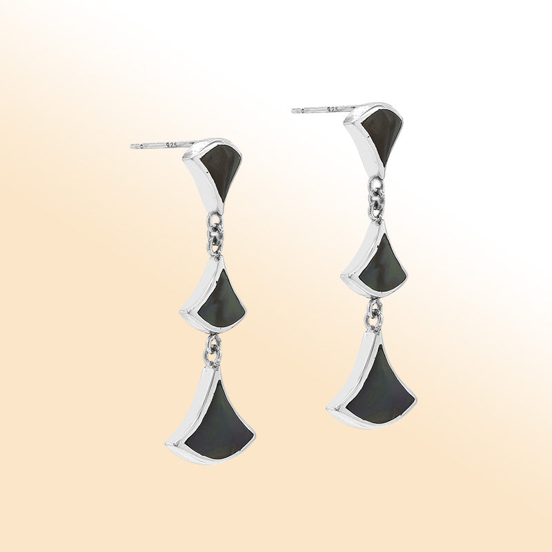 Sterling silver Black Shell drop earrings with three-section fan design and post clip lock.