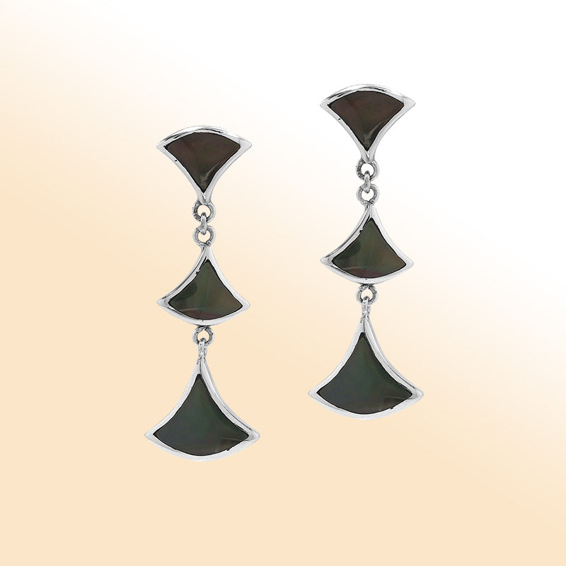 Sterling silver Black Shell drop earrings with three-section fan design and post clip lock.