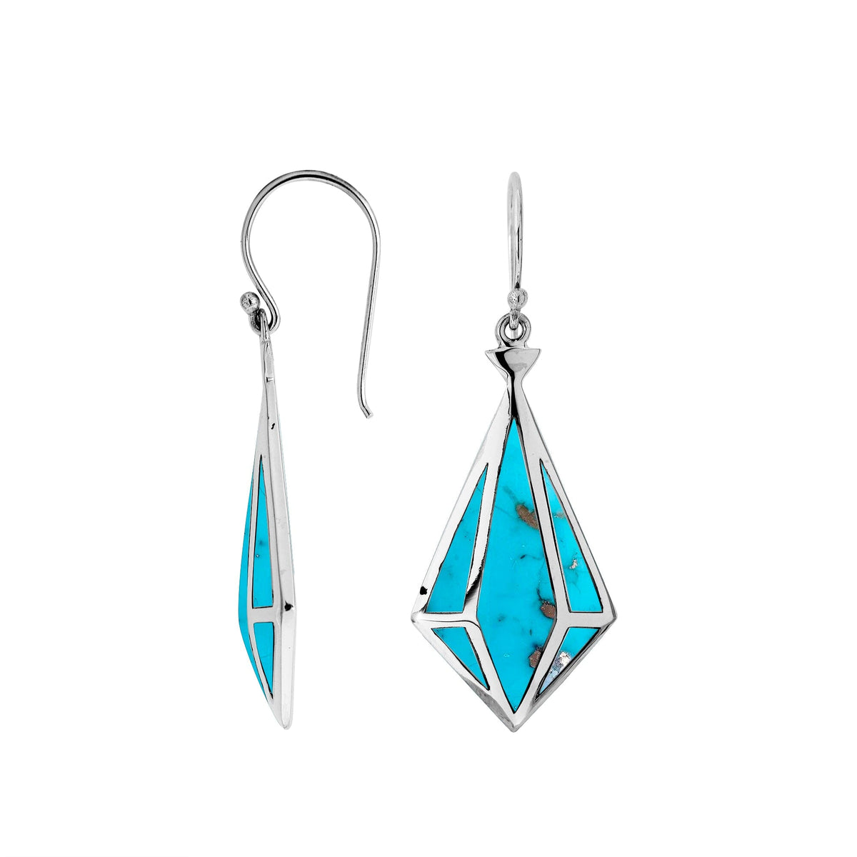 AE-6292-TQ Sterling Silver Diamond Shape Earring With Turquoise Jewelry Bali Designs Inc 