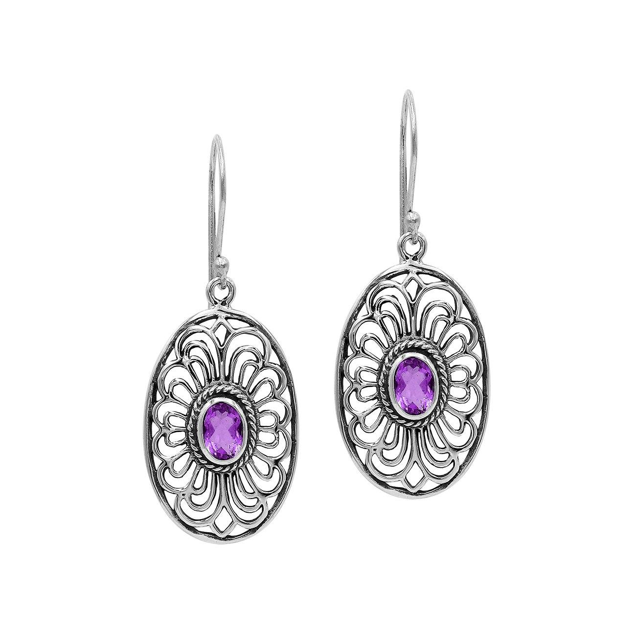 AE-6306-AM Sterling Silver Oval Shape Designer Earring With Amethyst Jewelry Bali Designs Inc 