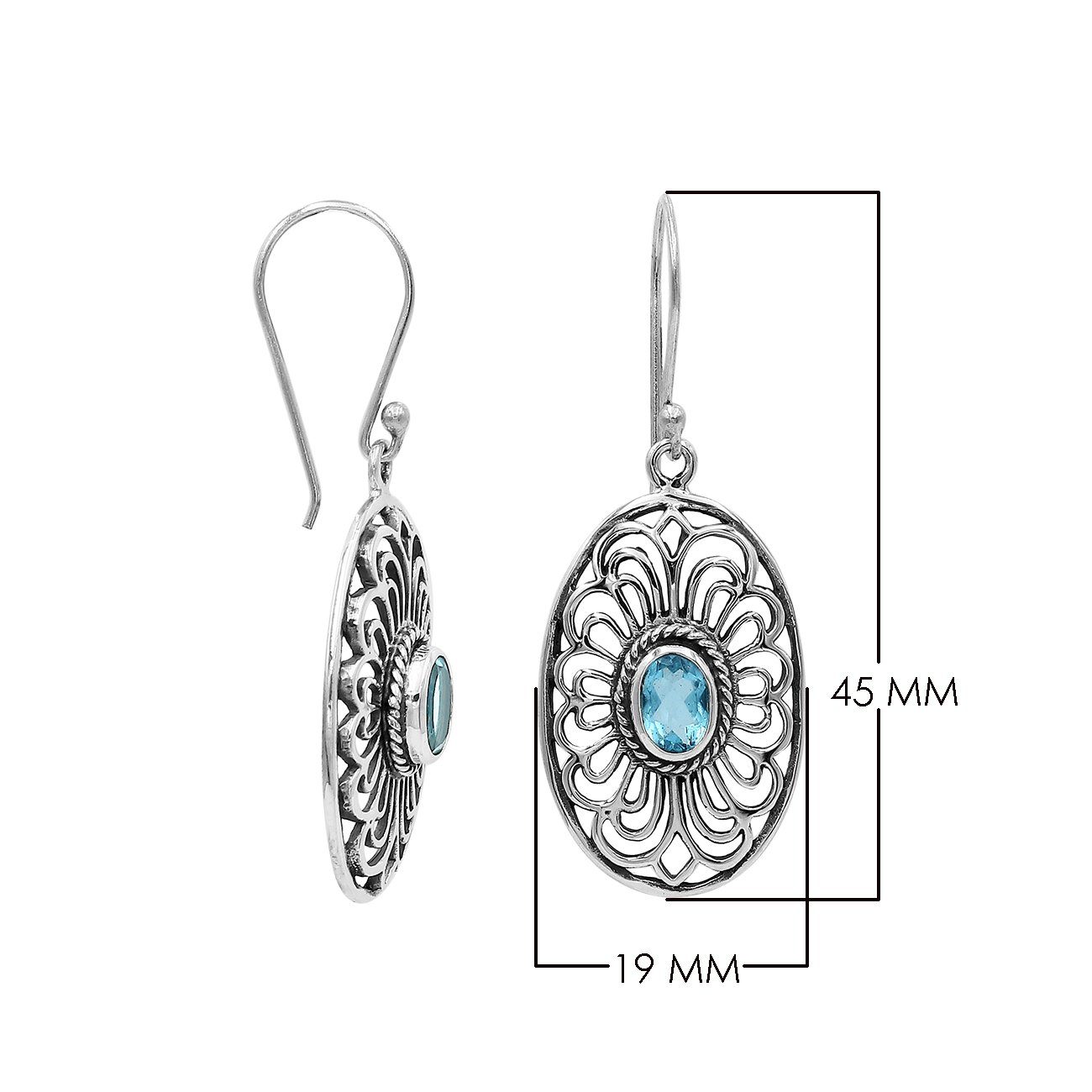 AE-6306-BT Sterling Silver Oval Shape Designer Earring With Blue Topaz Jewelry Bali Designs Inc 