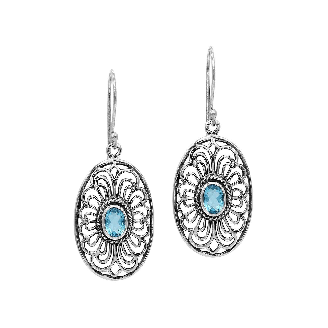 AE-6306-BT Sterling Silver Oval Shape Designer Earring With Blue Topaz Jewelry Bali Designs Inc 