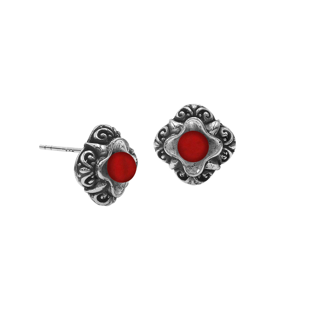 AE-6311-CR Sterling Silver Flower Design Earring With Coral Jewelry Bali Designs Inc 