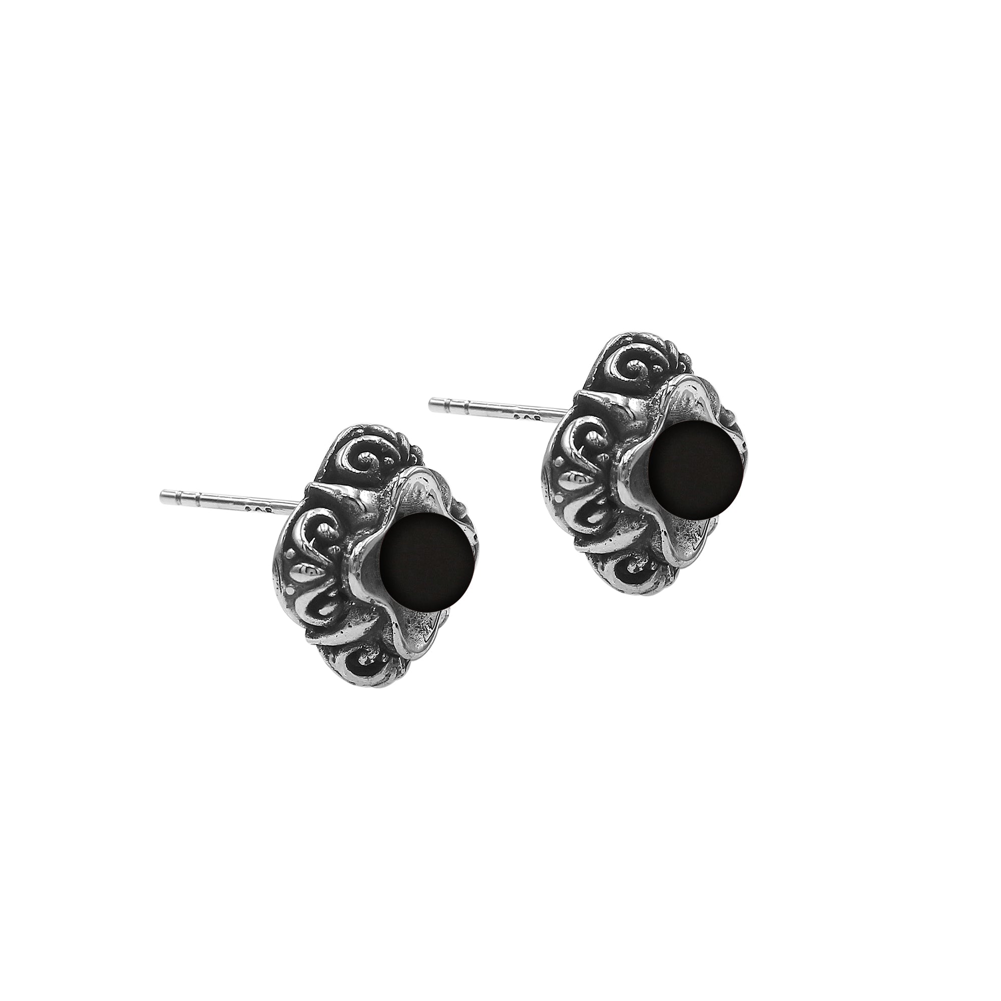AE-6311-OX Sterling Silver Flower Design Earring With Black Onyx Jewelry Bali Designs Inc 