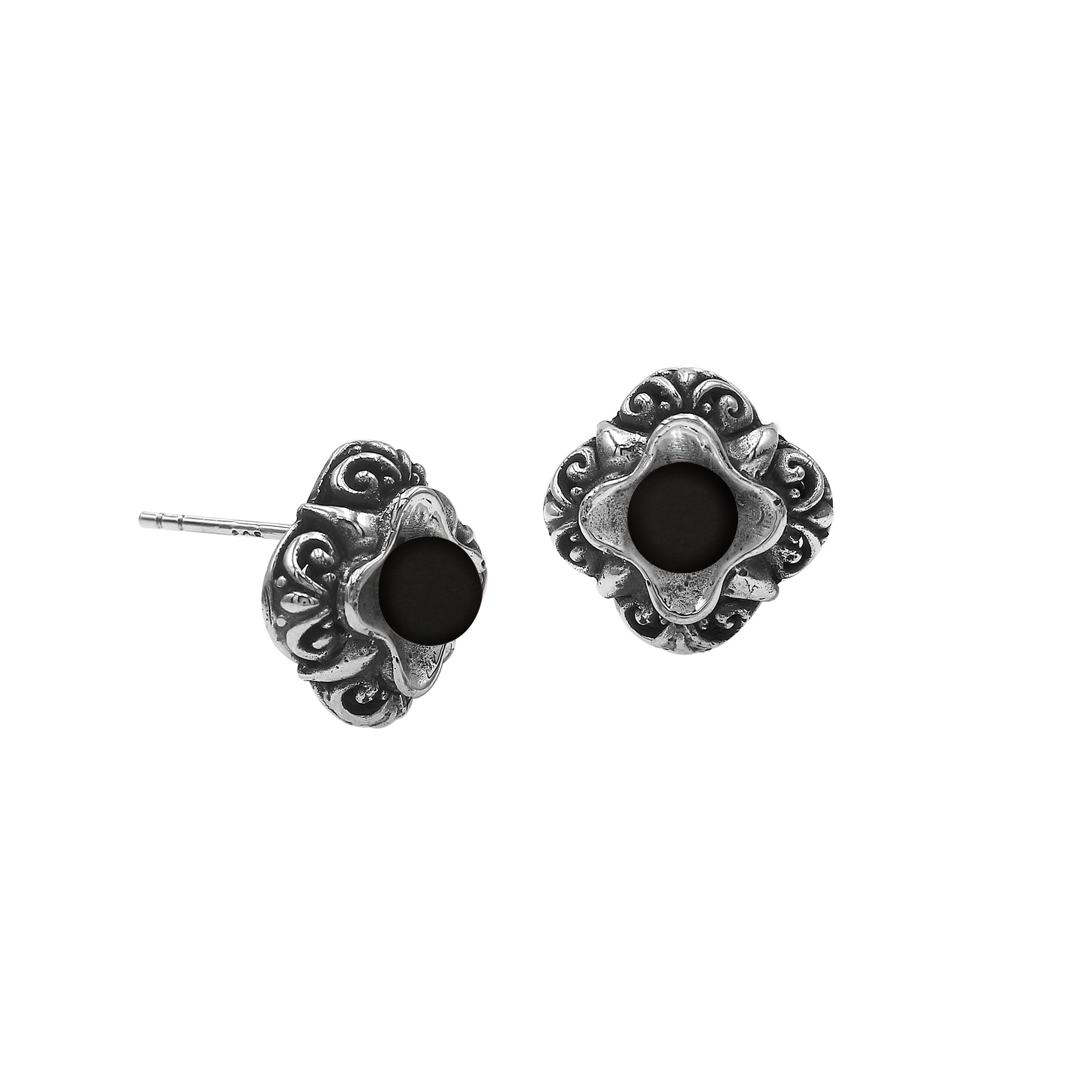 AE-6311-OX Sterling Silver Flower Design Earring With Black Onyx Jewelry Bali Designs Inc 