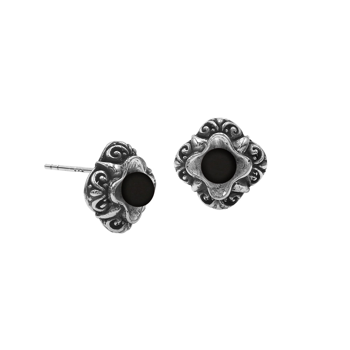 AE-6311-OX Sterling Silver Flower Design Earring With Black Onyx Jewelry Bali Designs Inc 
