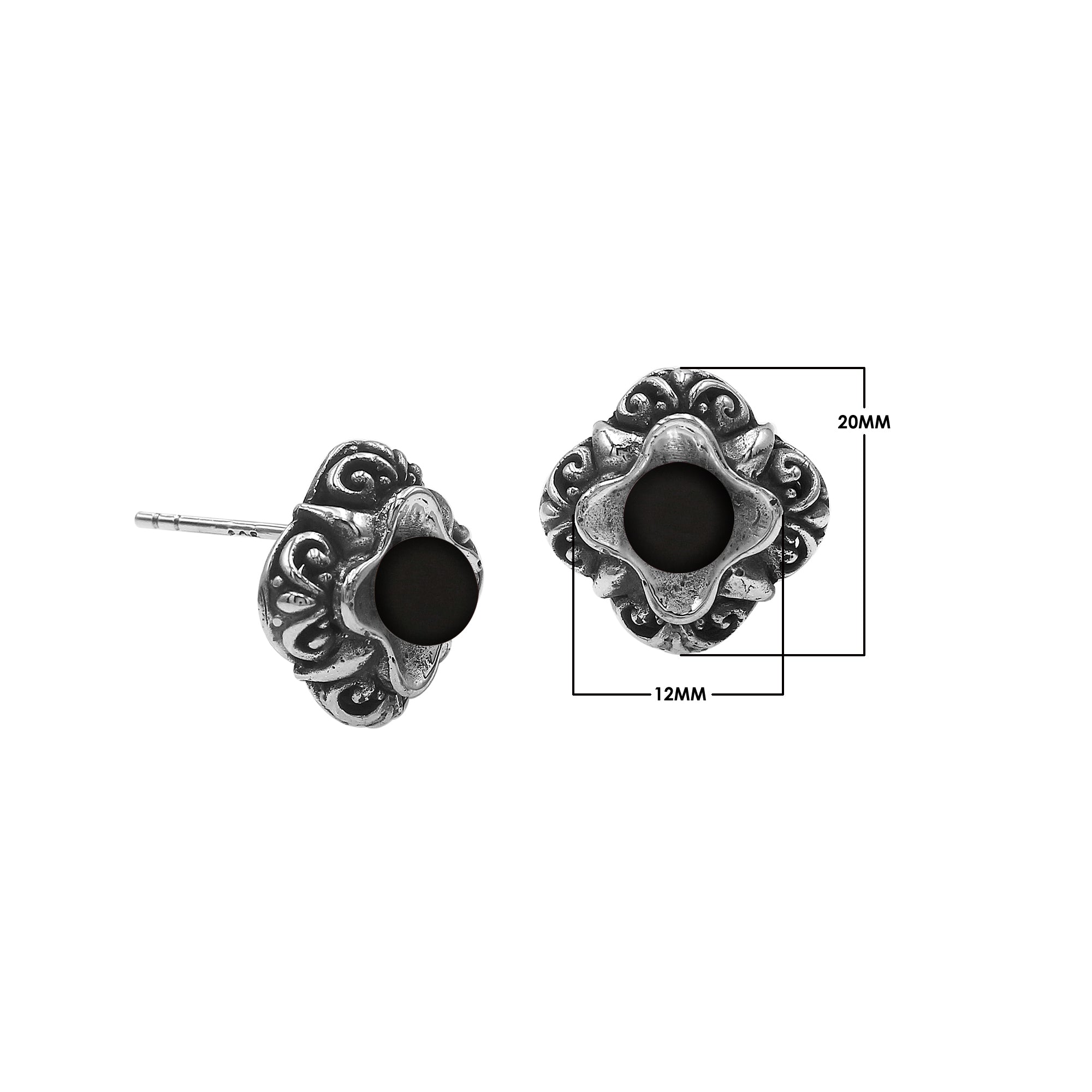 AE-6311-OX Sterling Silver Flower Design Earring With Black Onyx Jewelry Bali Designs Inc 