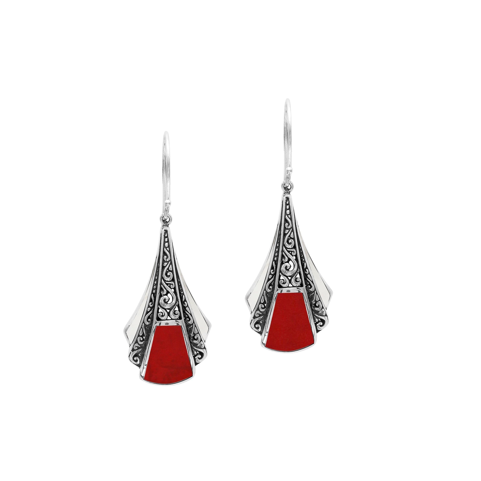 AE-6323-CR Sterling Silver Fancy Shape Earring With Coral Jewelry Bali Designs Inc 