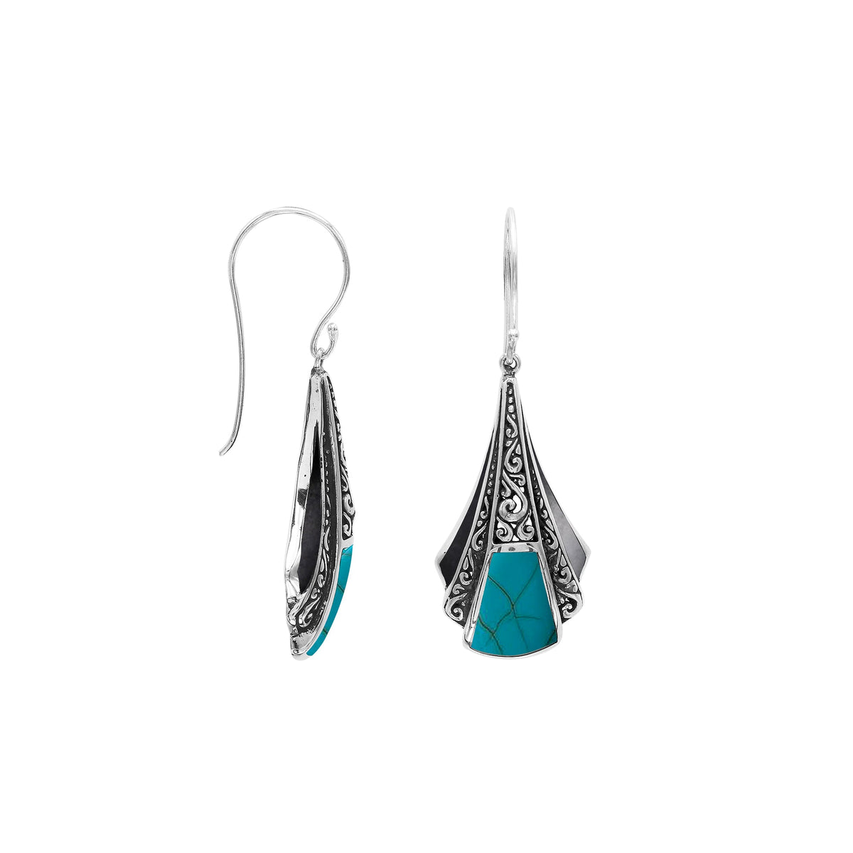 AE-6323-TQ Sterling Silver Fancy Shape Earring With Turquoise Jewelry Bali Designs Inc 