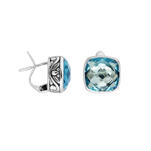 Elegant sterling silver cushion-cut Blue Topaz Quartz earrings featuring artistic detailing, Omega clip lock, and high-polished finish, perfect for sophisticated modern jewelry lovers.
