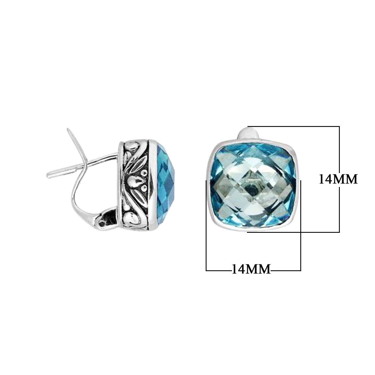 Elegant sterling silver cushion-cut Blue Topaz Quartz earrings featuring artistic detailing, Omega clip lock, and high-polished finish, perfect for sophisticated modern jewelry lovers.