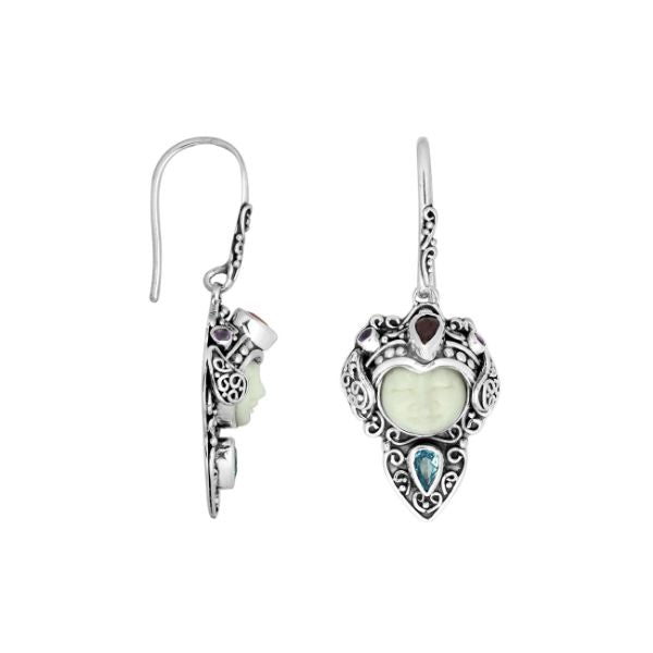 AE-8013-CO1 Sterling Silver Earring With Blue Topaz, Bone Face & Garnet Jewelry Bali Designs Inc 