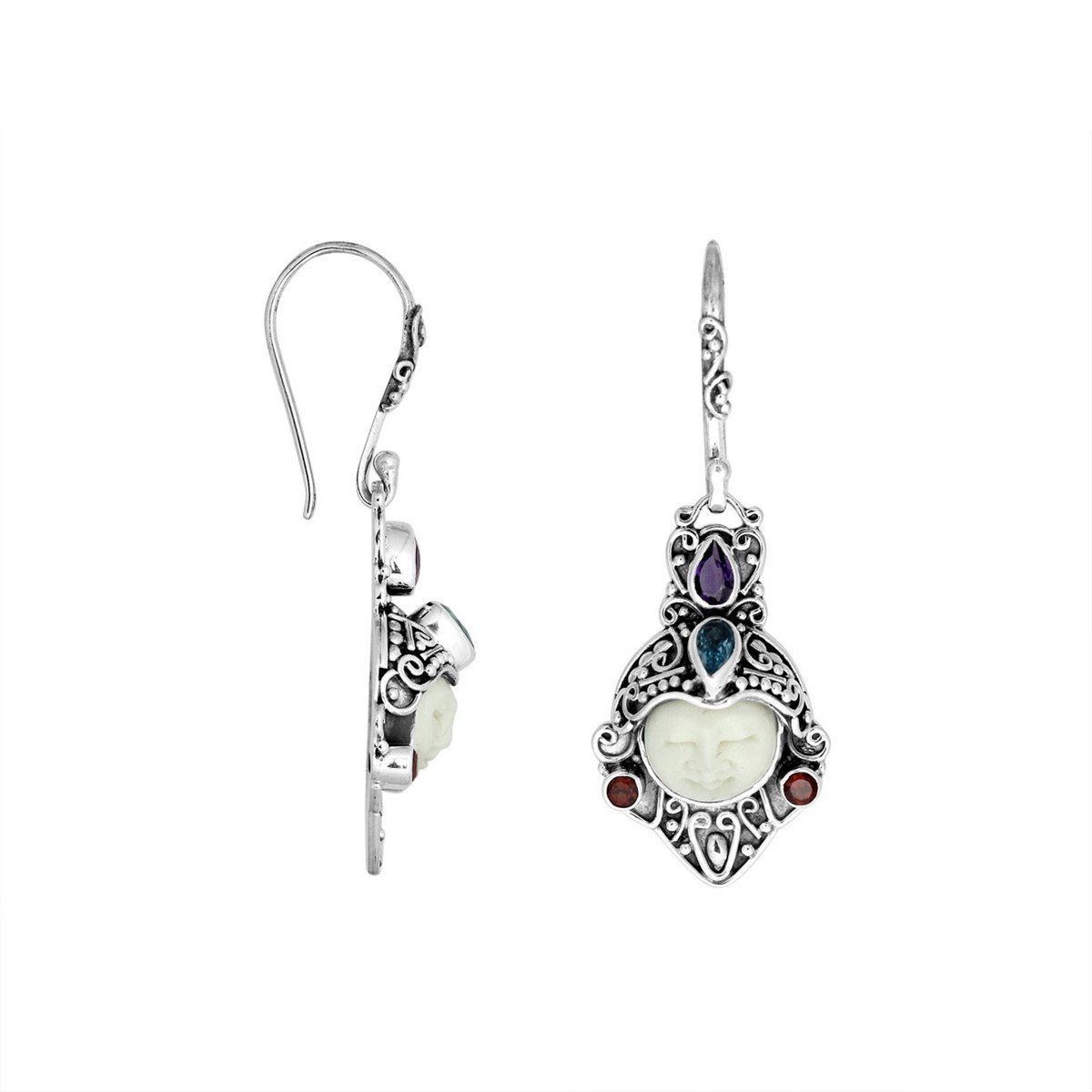 AE-8014-CO1 Sterling Silver Earring With Bone Face & Amethyst, Blue Topaz, Garnet Jewelry Bali Designs Inc 