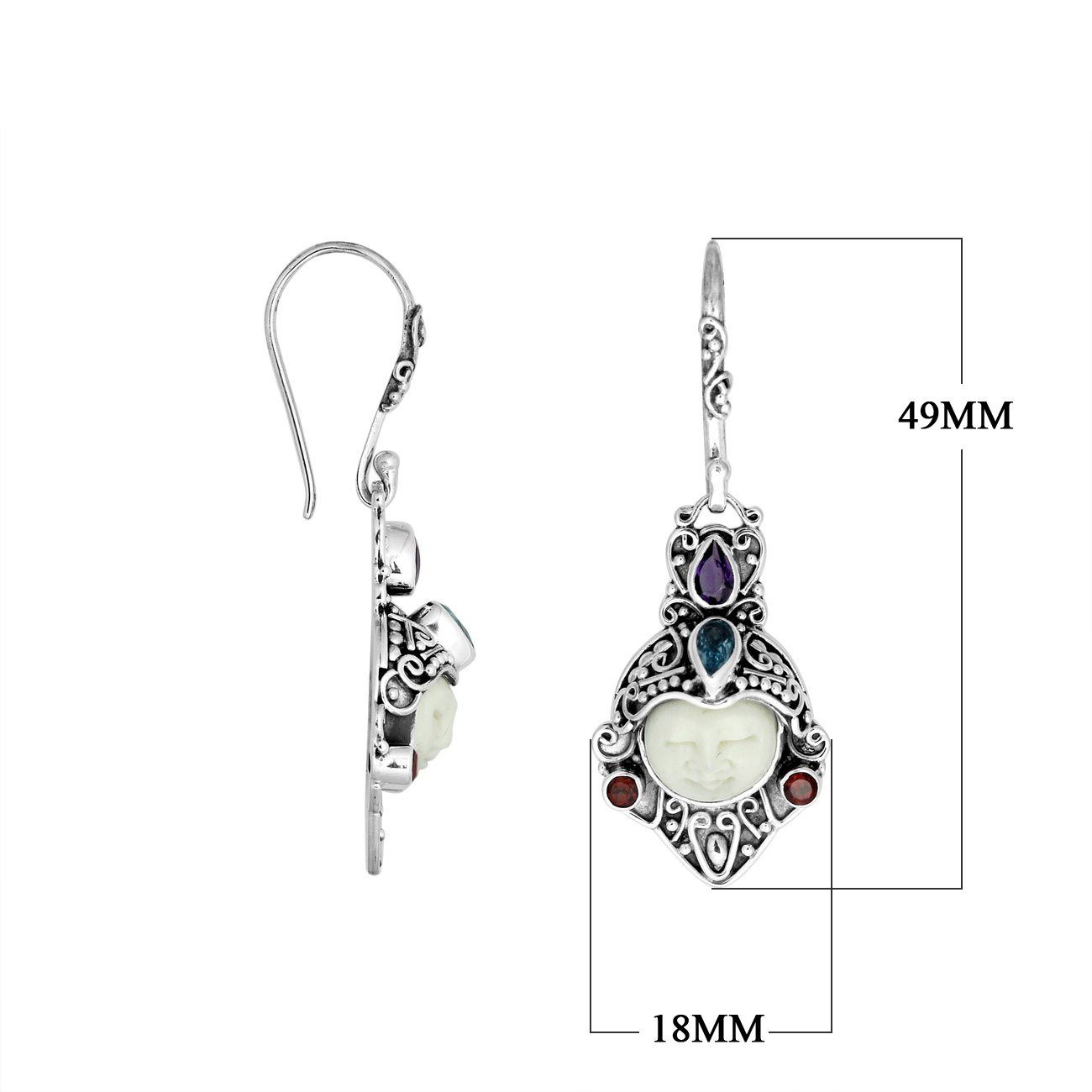AE-8014-CO1 Sterling Silver Earring With Bone Face & Amethyst, Blue Topaz, Garnet Jewelry Bali Designs Inc 