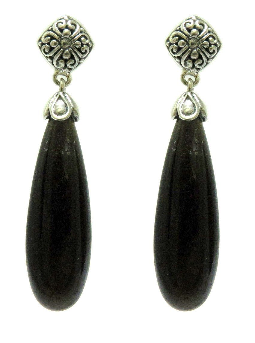 AE-8015-BO Sterling Silver Tearsdrop Shape Earring with Black Obsidian Jewelry Bali Designs Inc 