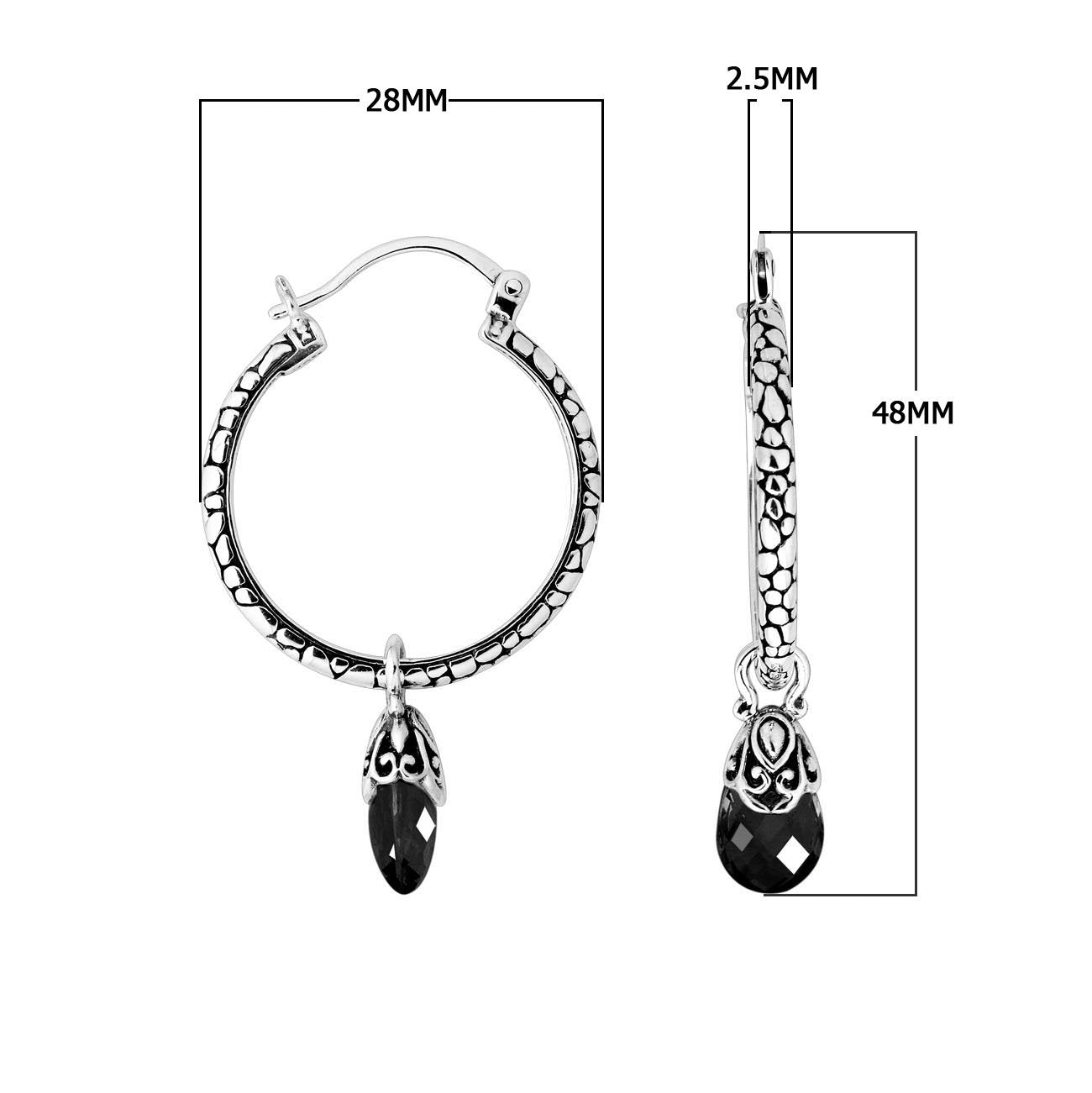 Sterling silver Black Onyx hoop earrings with faceted drop and Balinese handicraft design handcrafted in Bali