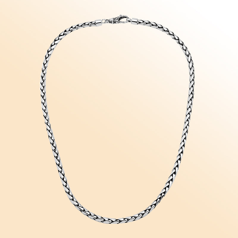 Sterling silver 6MM wheat chain necklace, handcrafted in Bali with polished finish.