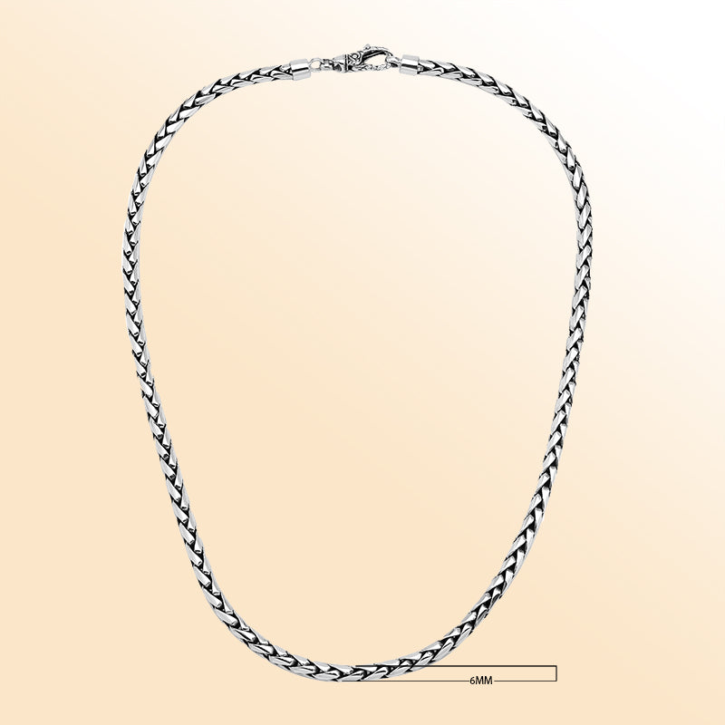 Sterling silver 6MM wheat chain necklace, handcrafted in Bali with polished finish.