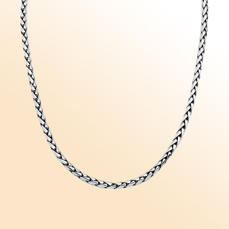 Sterling silver 6MM wheat chain necklace, handcrafted in Bali with polished finish.