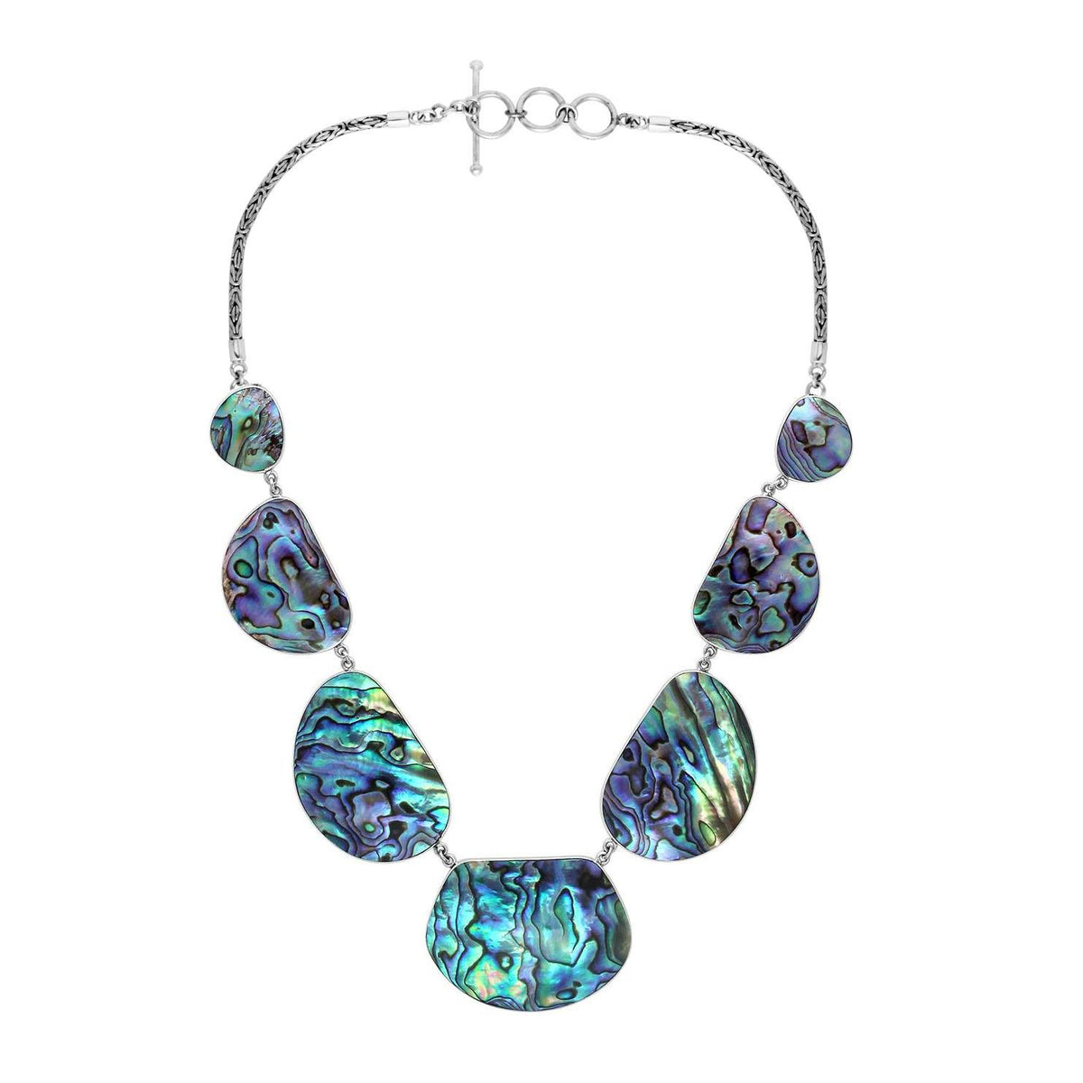 Women’s sterling silver necklace with freeform abalone shell pieces and Bali-inspired accents.