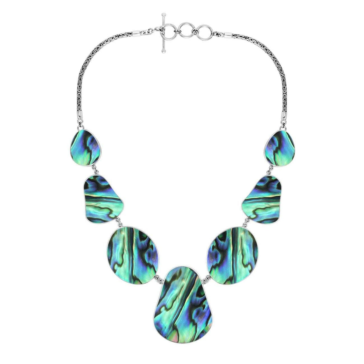 Women’s sterling silver necklace with teardrop abalone shell pieces and Bali-inspired accents.