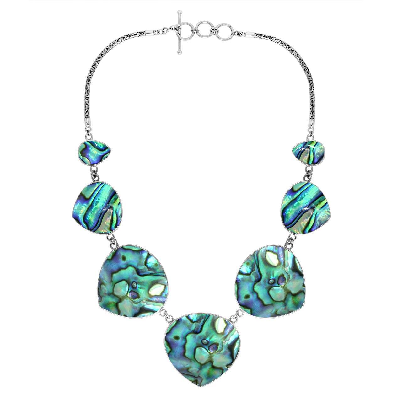 Women’s sterling silver necklace with abalone shell heart-shape pieces and Bali-inspired accents.