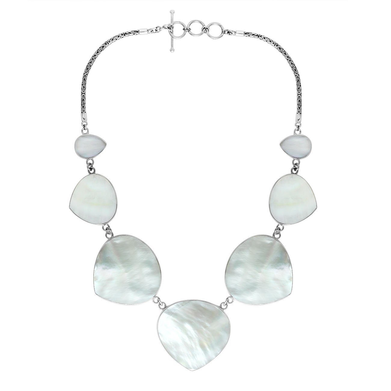 Women’s sterling silver necklace with heart-shape Mother of Pearl stones and Bali-inspired accents.