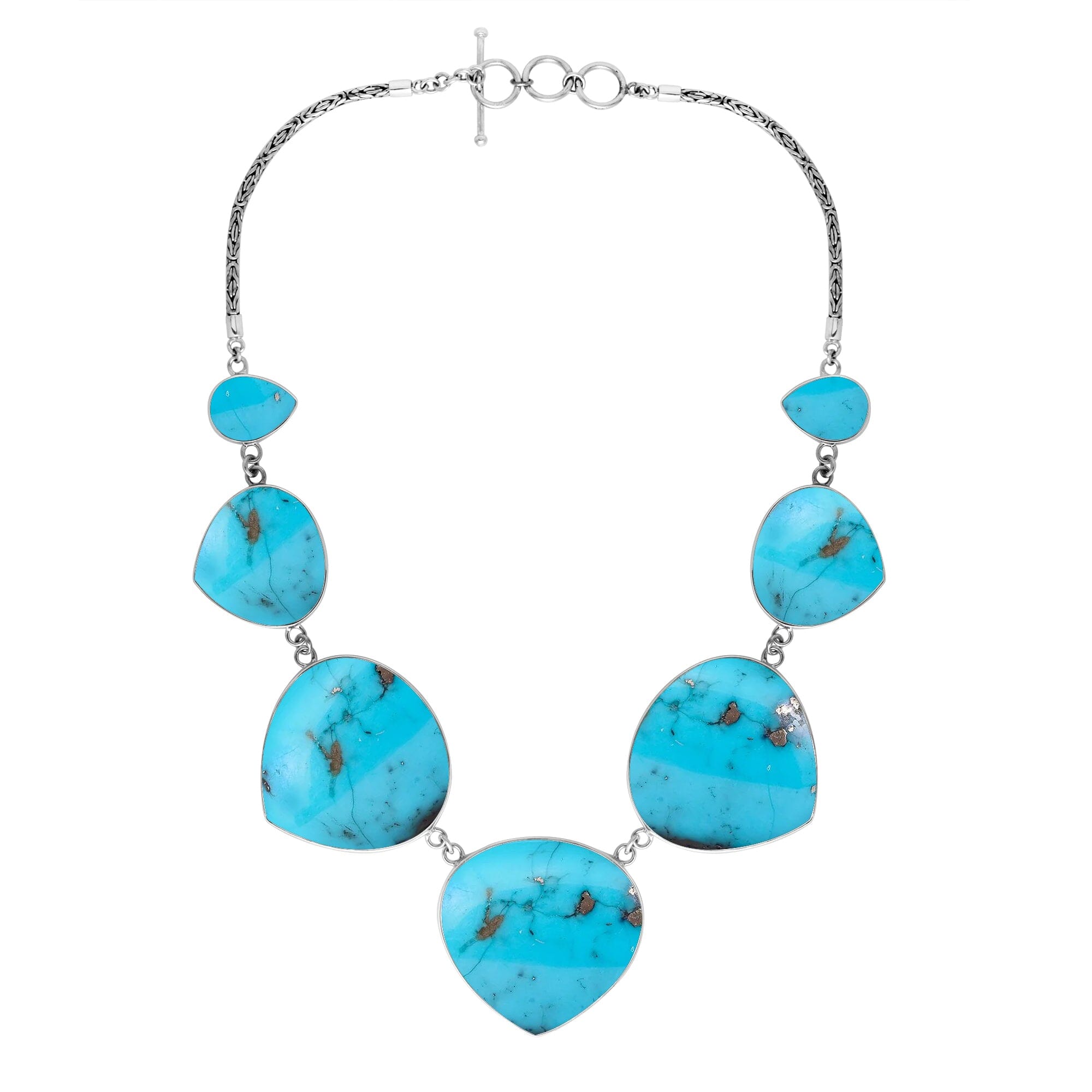 Women’s sterling silver necklace with heart-shape turquoise shell stones and Bali-inspired accents.