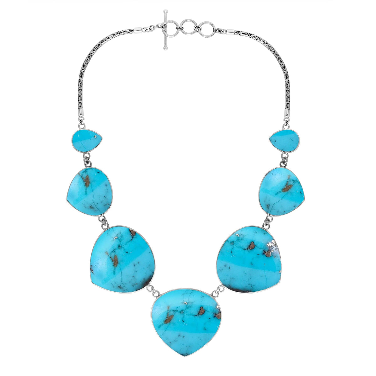 Women’s sterling silver necklace with heart-shape turquoise shell stones and Bali-inspired accents.
