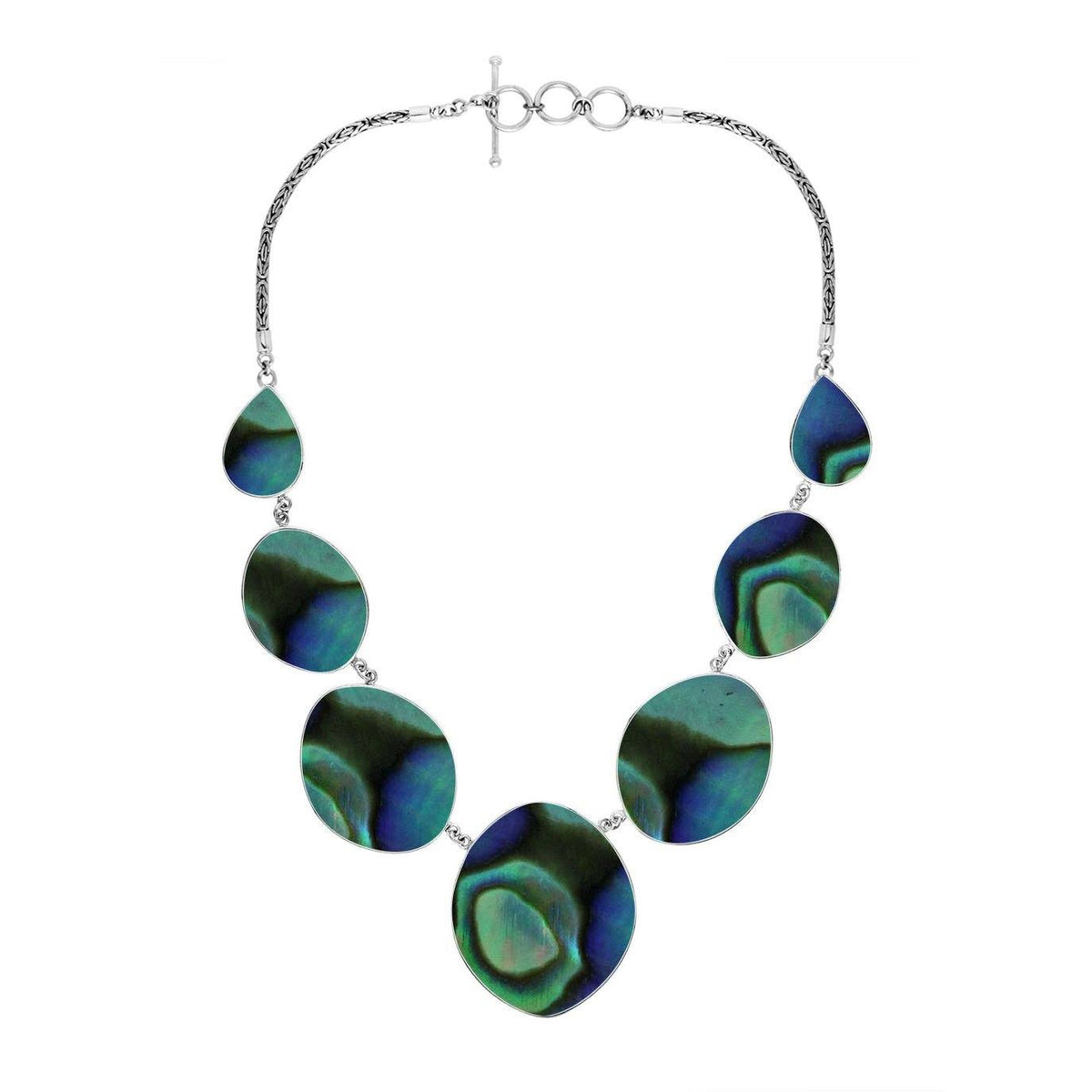 Women’s sterling silver necklace with oval abalone shell pieces and Bali-inspired accents.