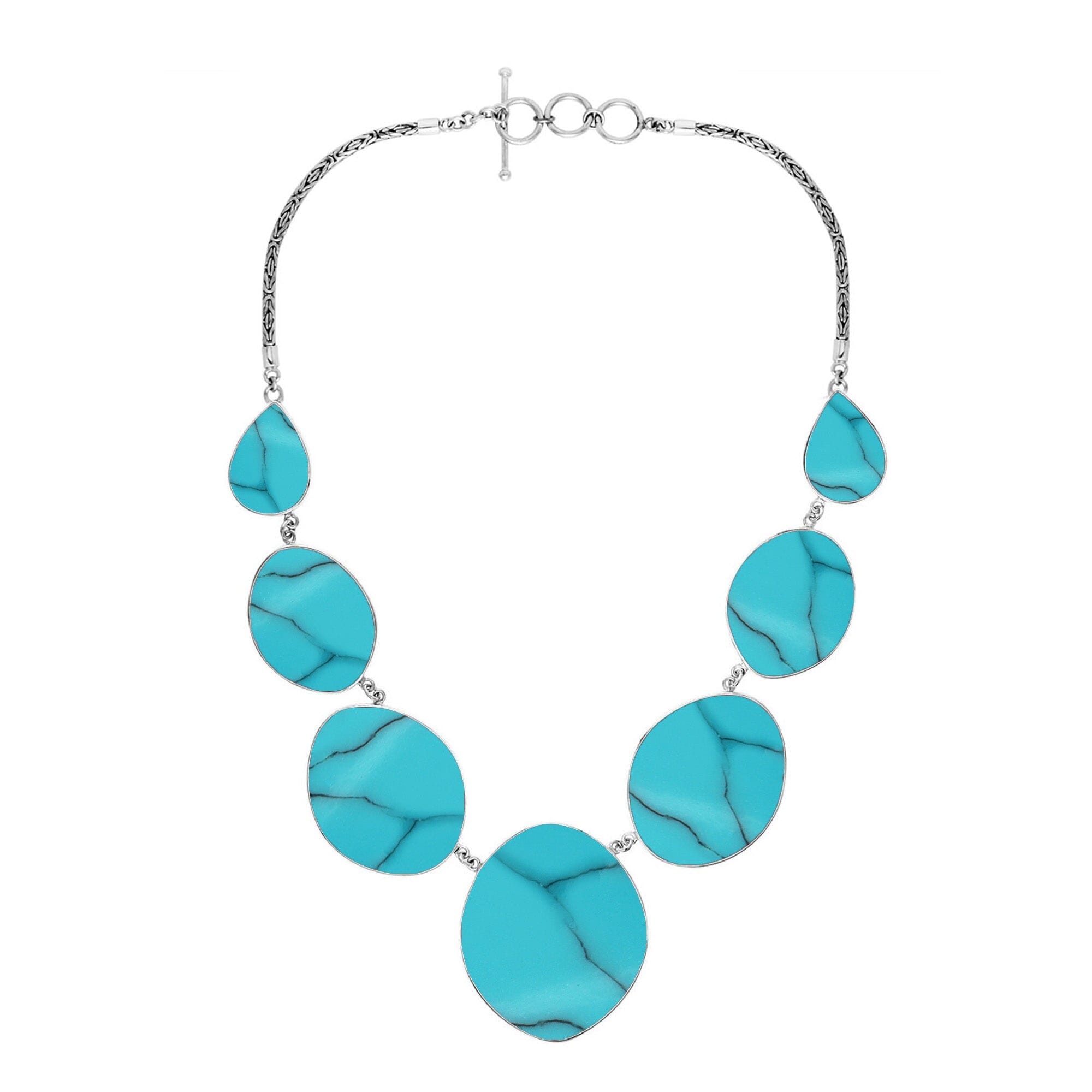 Handcrafted silver necklace with oval and teardrop turquoise shell links, ocean-inspired statement design.