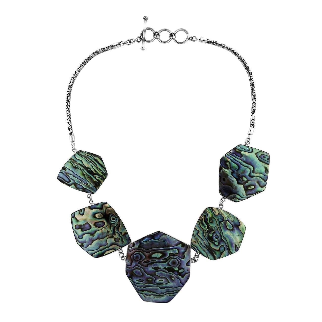 Handcrafted silver necklace with hexagon-shaped abalone shell links in ocean-inspired artisan design.