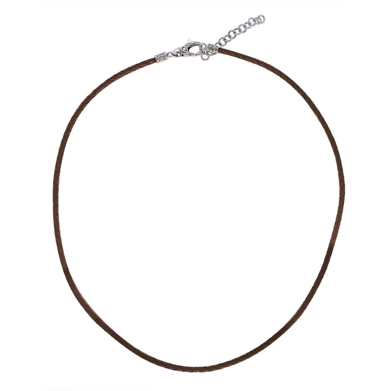 Adjustable brown leather cord necklace with sterling silver clasp and extension chain.