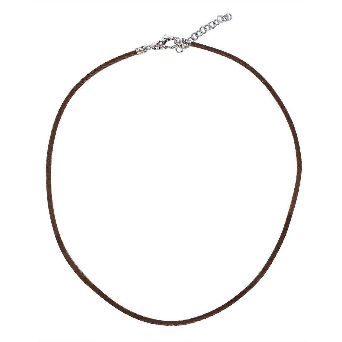 Adjustable brown leather cord necklace with sterling silver clasp and extension chain.