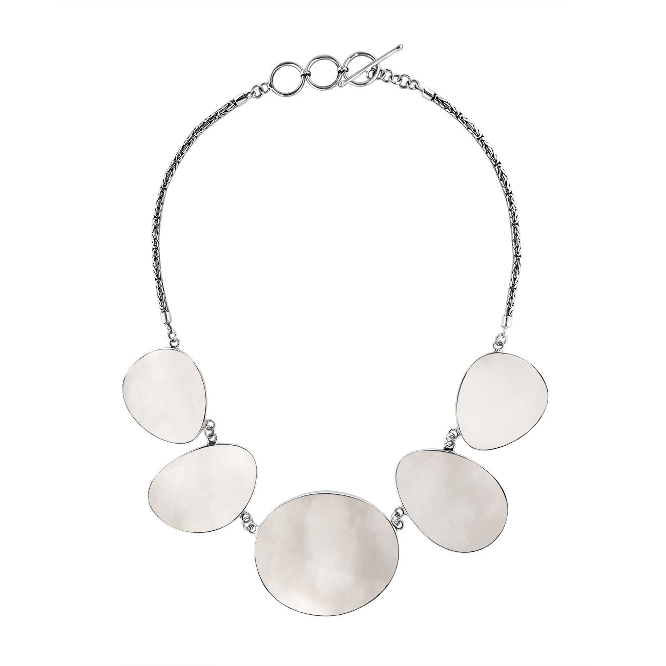 Handcrafted silver necklace with oval Mother of Pearl shell links in elegant artisan design.