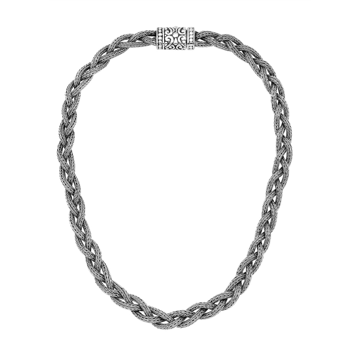 Handcrafted sterling silver braided chain necklace with ornate clasp.