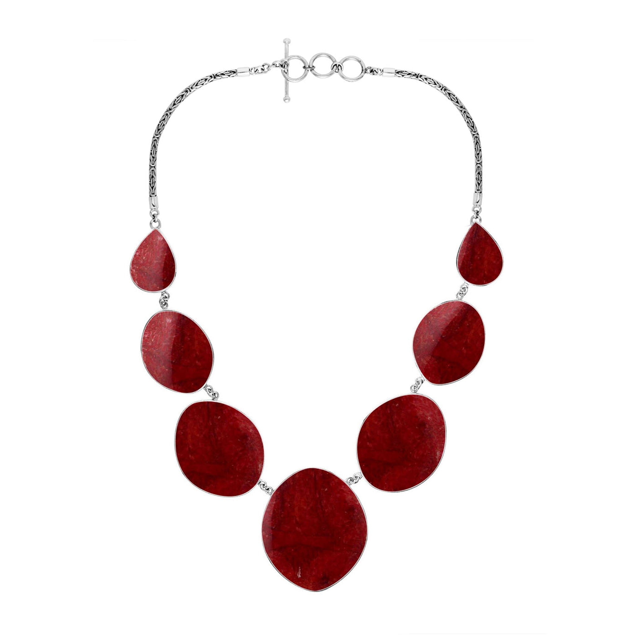 Handmade red coral and sterling silver necklace with oval and teardrop panels, bold artisan jewelry from Bali