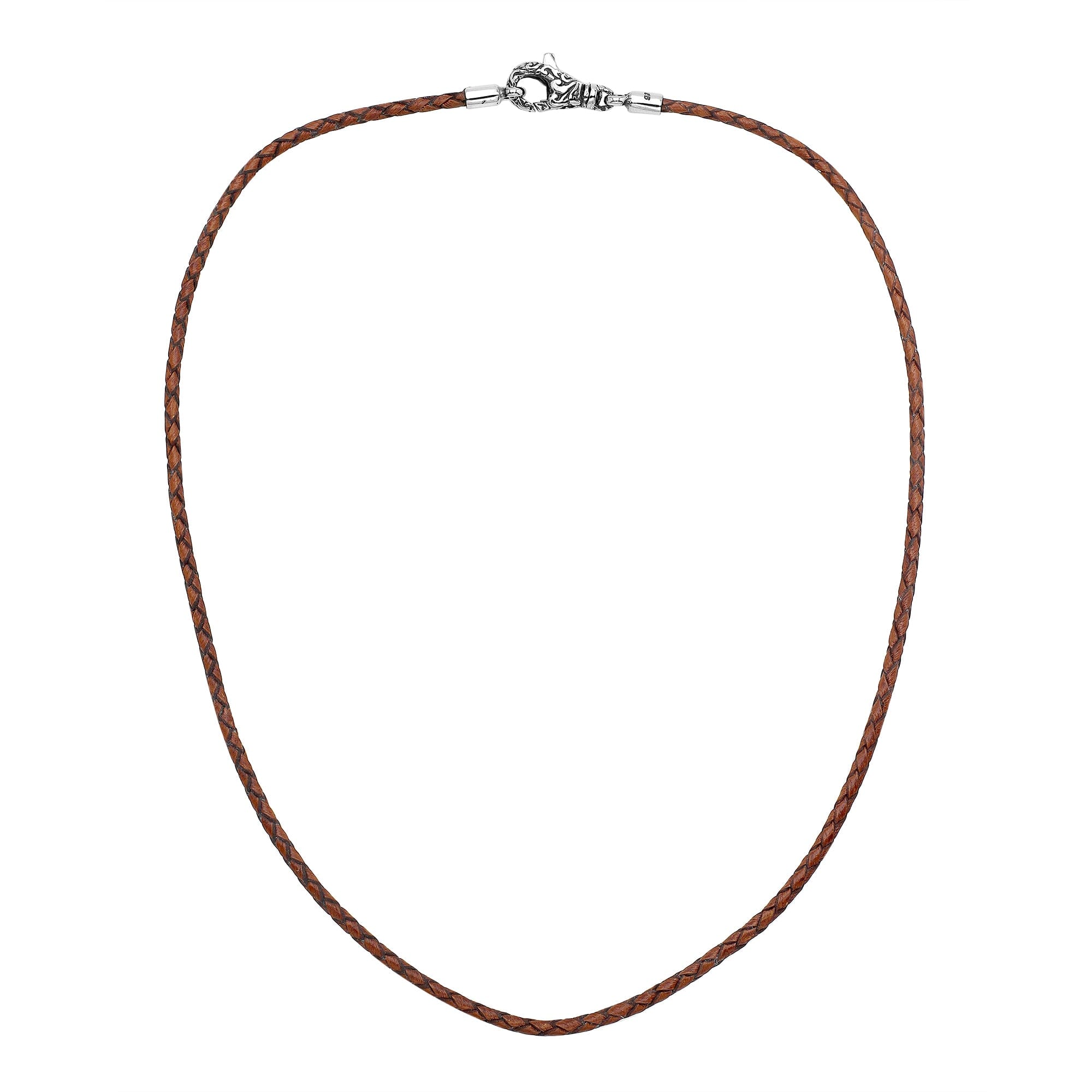 Handmade cognac brown braided leather necklace cord with sterling silver clasp, unisex artisan jewelry from Bali