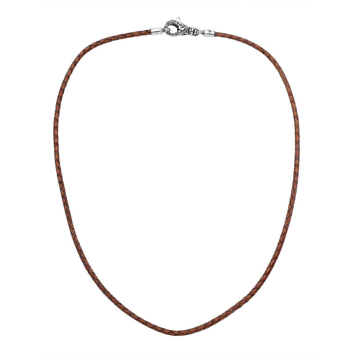 Handmade cognac brown braided leather necklace cord with sterling silver clasp, unisex artisan jewelry from Bali